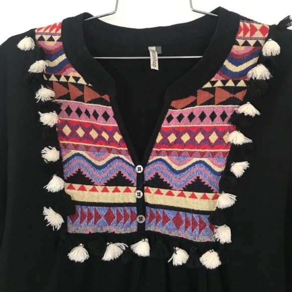 Black embroidered tassel fringe boho dress S - Picture 4 of 7